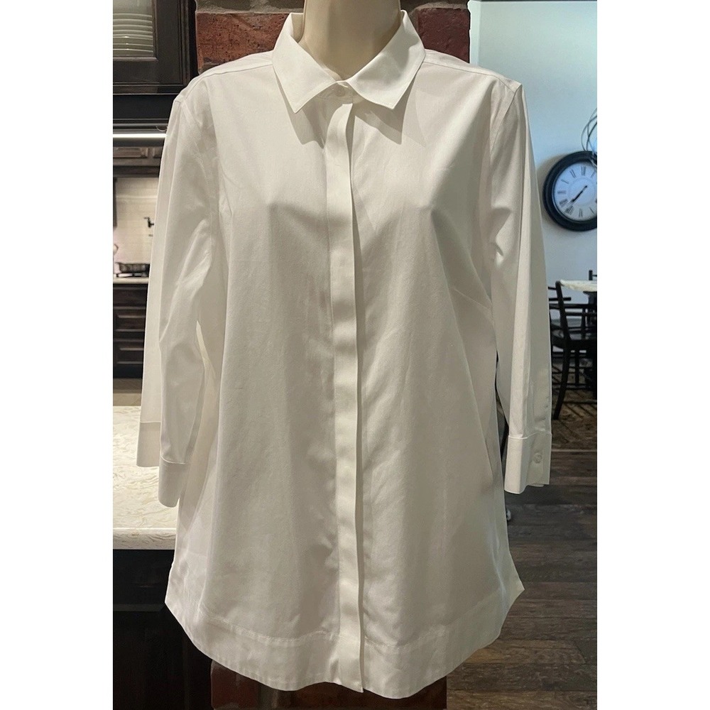 Chico's No Iron White Button Down Tunic Gathered Back Sz 2(L)